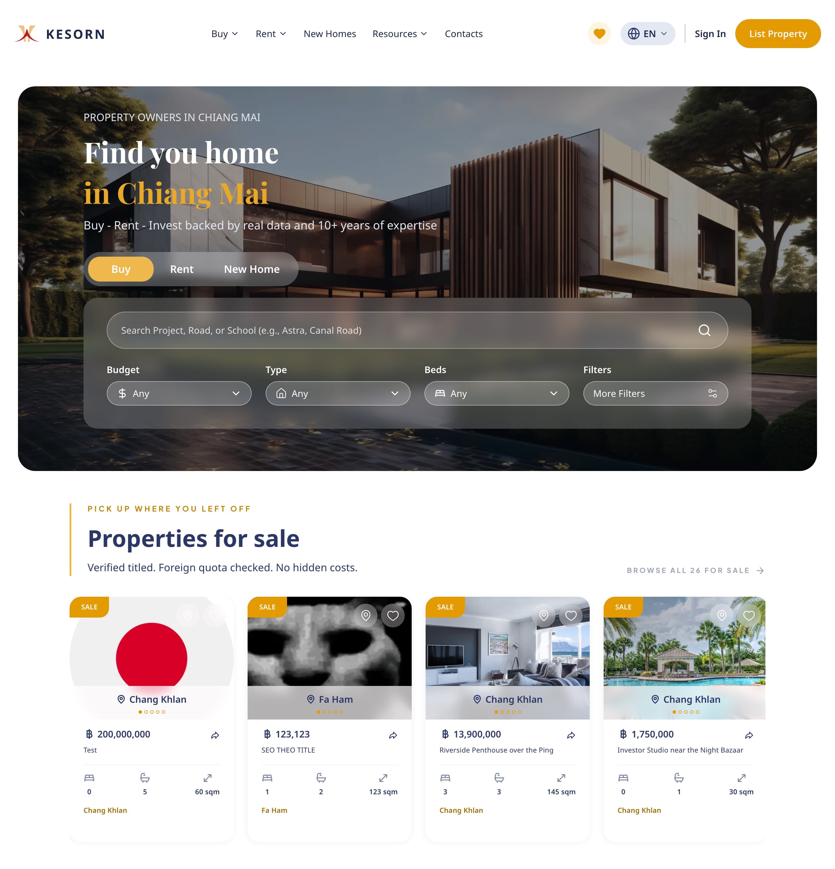 The Kesorn home page on desktop — search and browse Chiang Mai property
